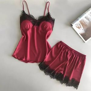 Burgundy Red Satin Pajama Set with Lace Trimming